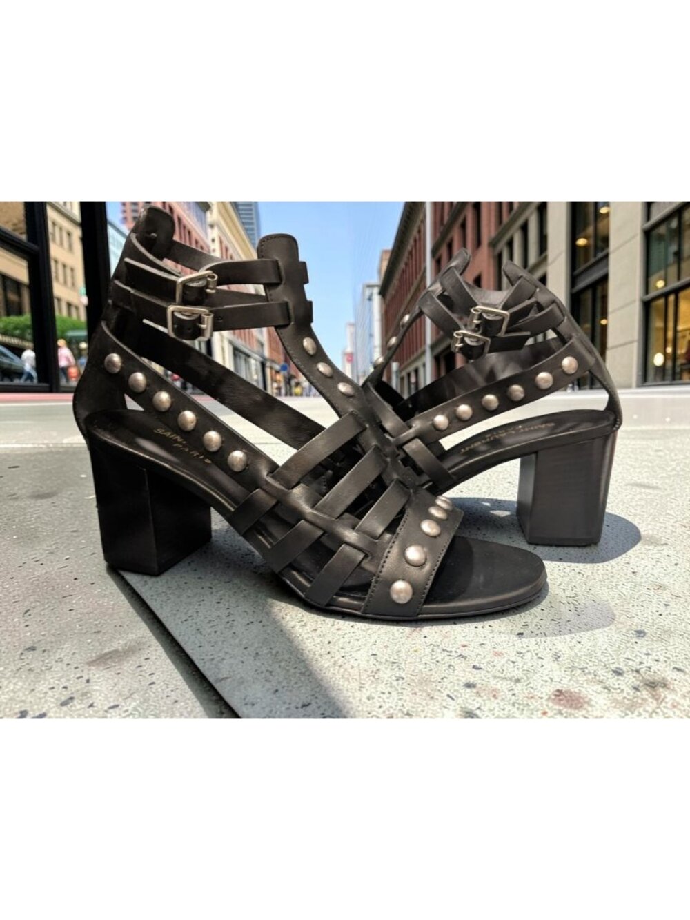 Saint Laurent Heeled Studded Gladiator Sandals Black Size 37 NEW !